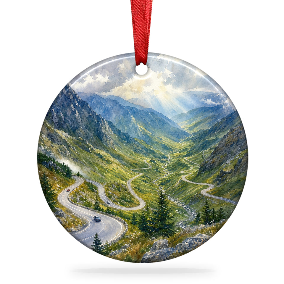 Transfăgărășan Highway Christmas ornament centered on a plain white background with hanging ribbon.
