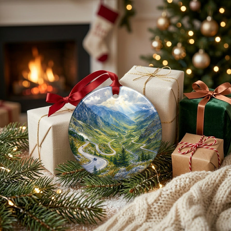 Holiday travel keepsake placed beside wrapped gifts near a cozy glowing fireplace in a festive living room.