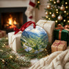 Holiday travel keepsake placed beside wrapped gifts near a cozy glowing fireplace in a festive living room.