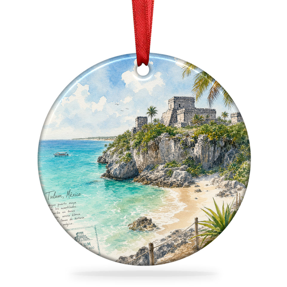 Tulum Archaeological Site holiday ornament displayed centered against an isolated white background.