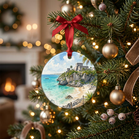 Tropical Maya ruins holiday keepsake styled on a holiday table alongside natural pinecone accents.
