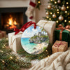 Festive coastal Mexico travel ornament arranged next to wrapped gifts beside a warm, glowing fireplace.