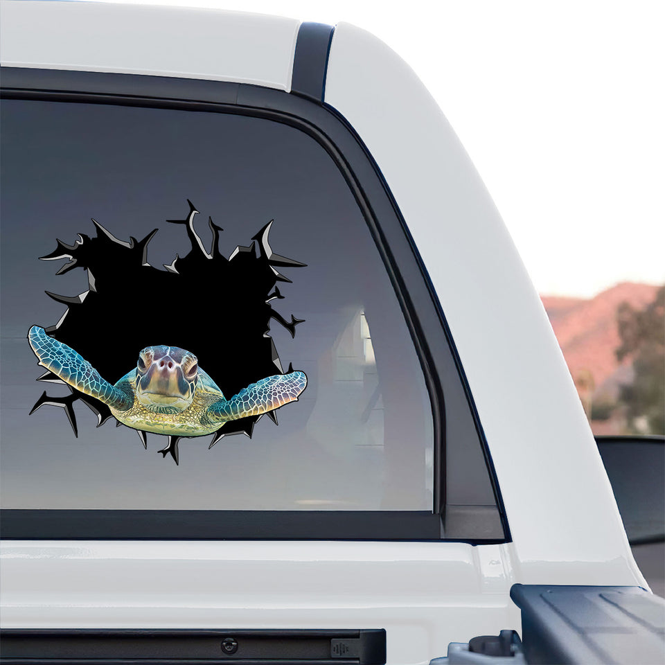 Eye-catching outdoor Turtle sticker displayed on the rear window of a truck.