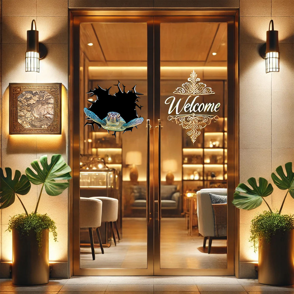 Charming Turtle graphic sticker mounted on a smooth wooden bedroom door.