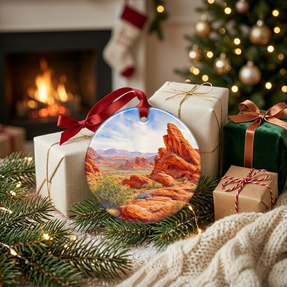 Round ceramic keepsake resting beside wrapped holiday gifts near a hearth.