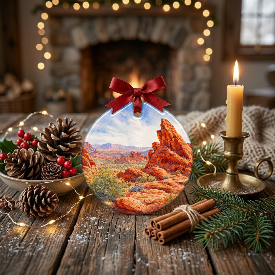Festive holiday decoration resting on a rustic table with a pinecone.