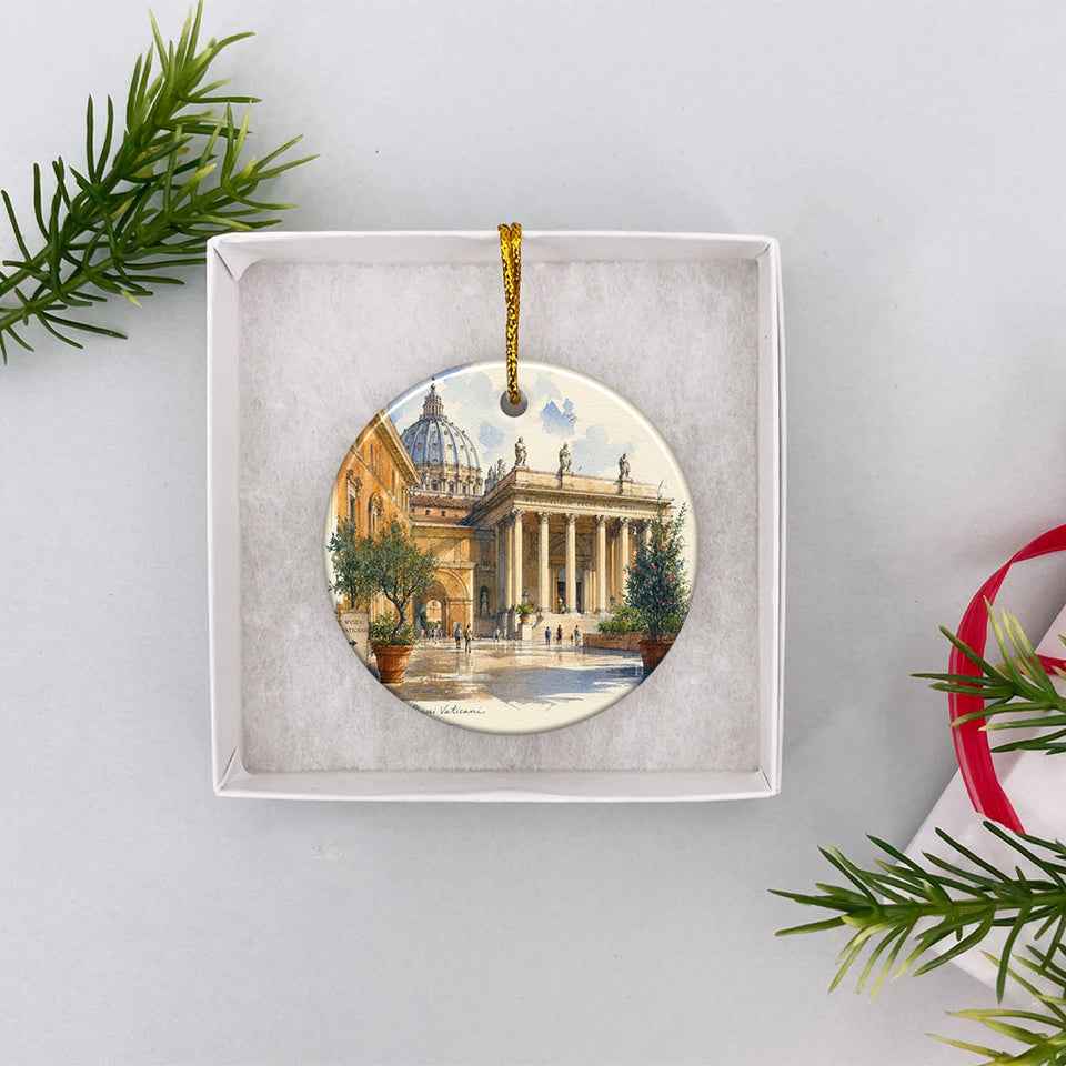 Round travel keepsake resting gently inside an open white gift box ready for holiday giving.