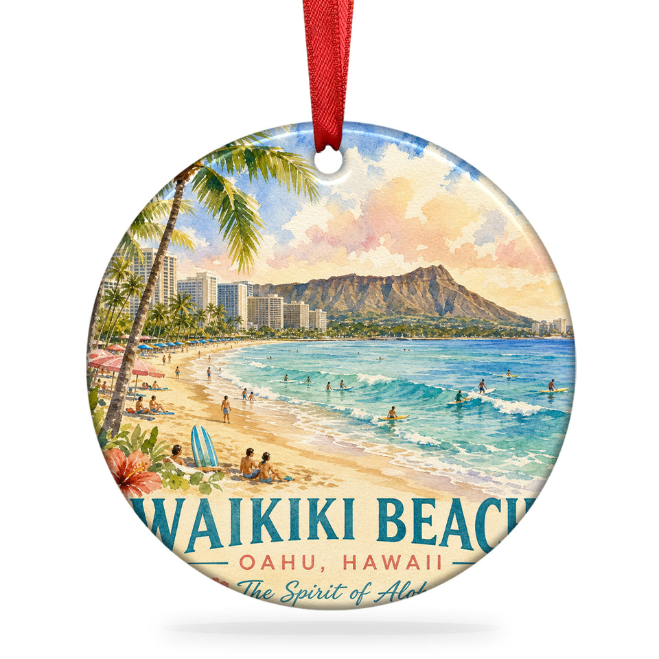 Waikiki Beach and Diamond Head ceramic ornament displayed against a plain white background.