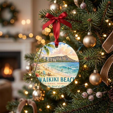 Waikiki holiday souvenir resting on a rustic tabletop beside pinecones and candlelight.