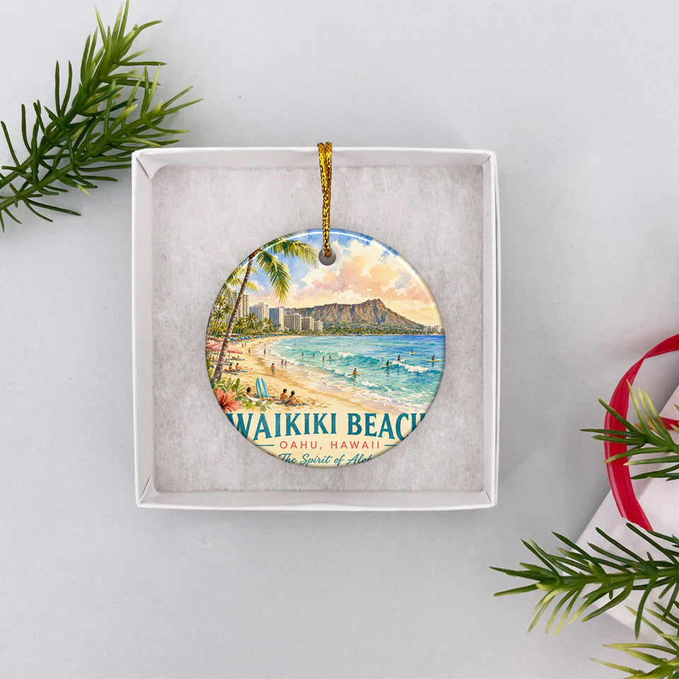 Island travel ornament presented inside an opened white gift box ready for Christmas.