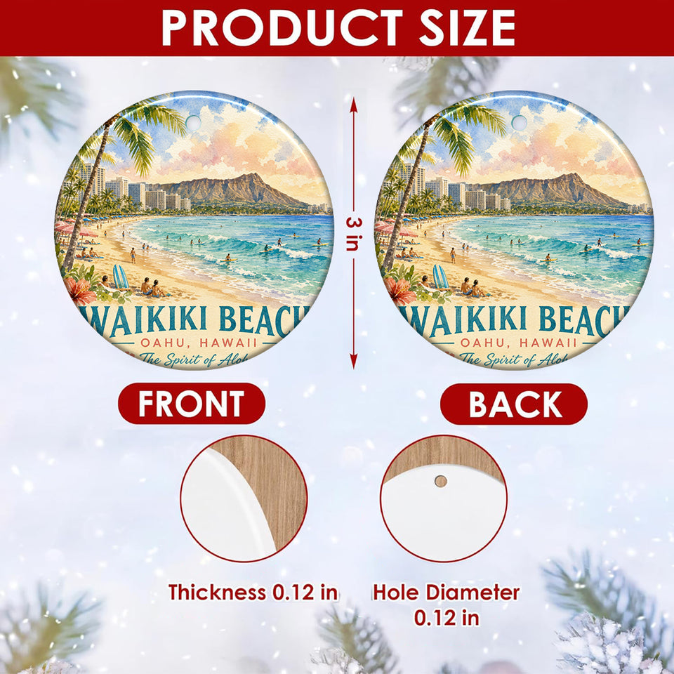 Detailed size chart diagram illustrating the three-inch round ceramic ornament dimensions.