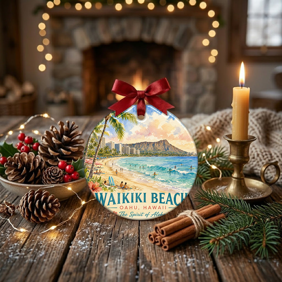 Waikiki holiday souvenir resting on a rustic tabletop beside pinecones and candlelight.