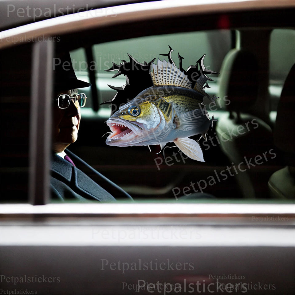 Vibrant Walleye Fishing decal adhered cleanly to a sleek car door exterior.