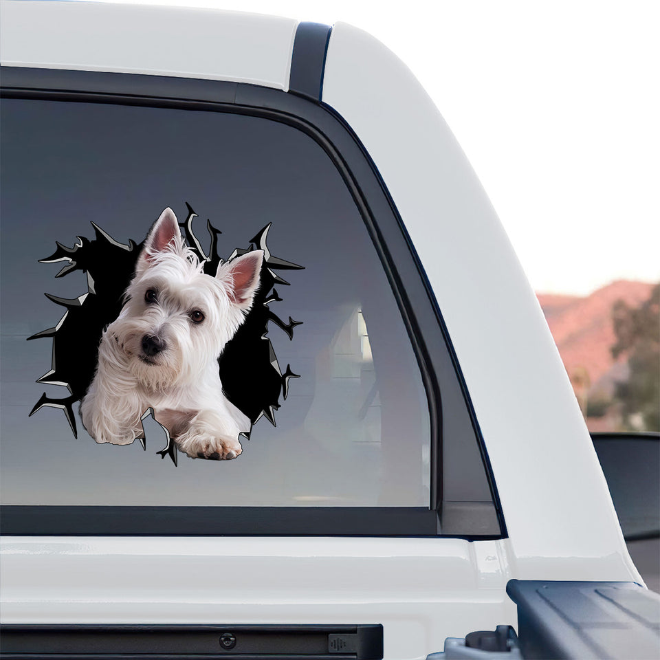 West Highland White Terrier dog vinyl decal applied onto the rear window of a truck.