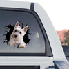 West Highland White Terrier dog vinyl decal applied onto the rear window of a truck.