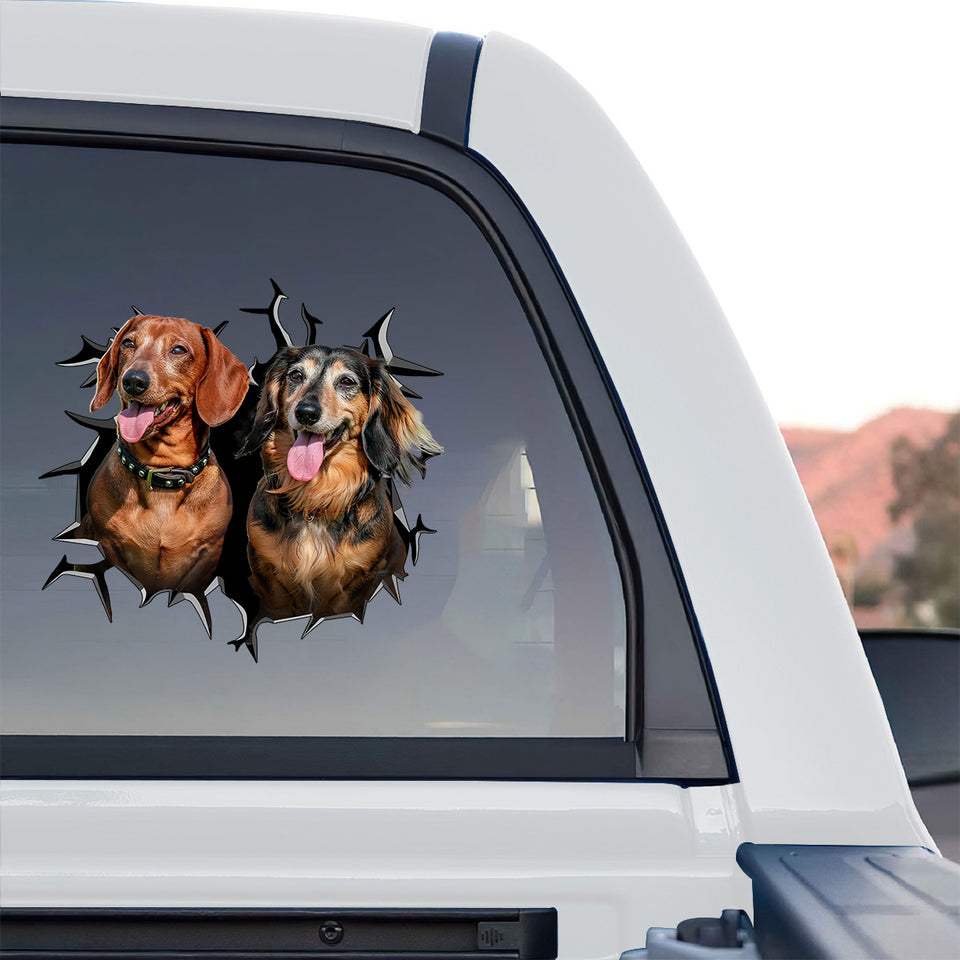 Adhesive Wiener Dog art decal displayed proudly across the rear window of a truck.