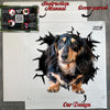 Protective packaging holding the Wiener Dog car decal with application guide inside the package.