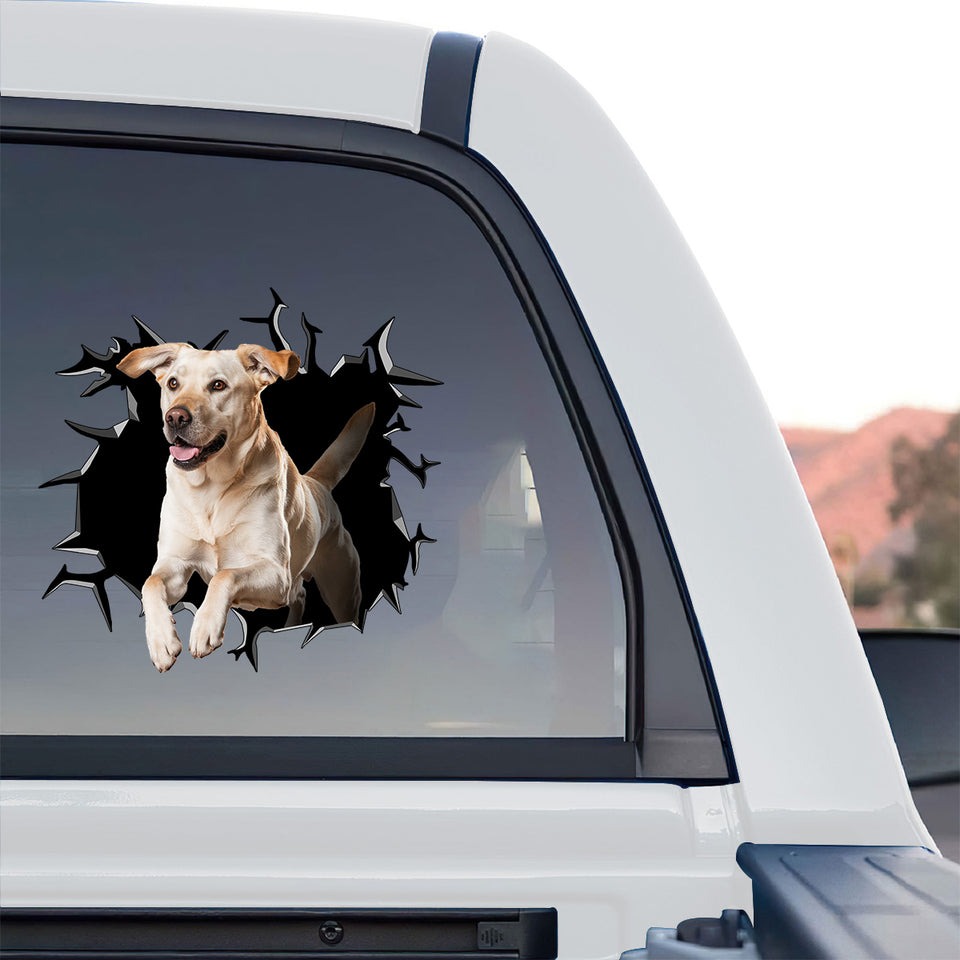Eye-catching Yellow Lab sticker displayed on the rear window of a truck outdoors.