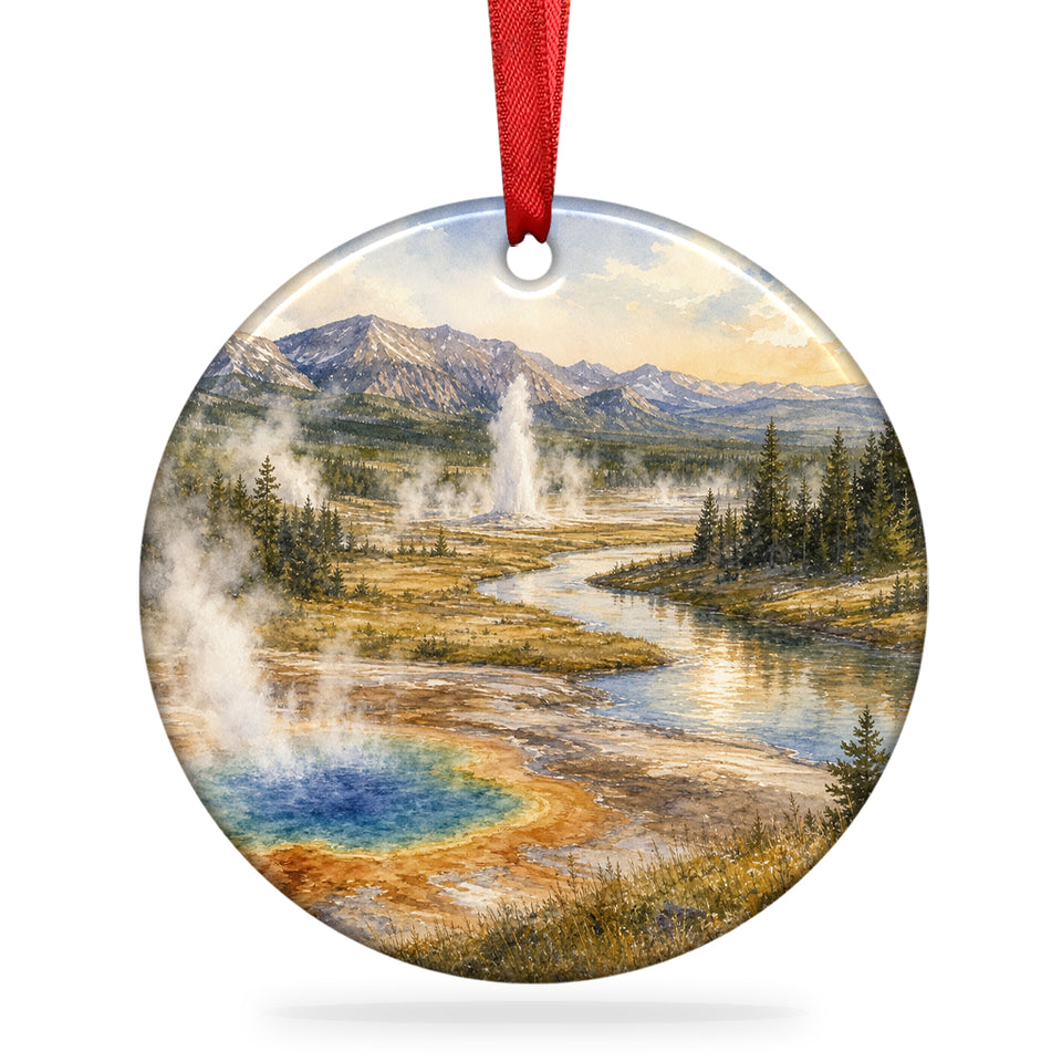 Yellowstone National Park Christmas ornament shown against a plain white background with hanging ribbon.