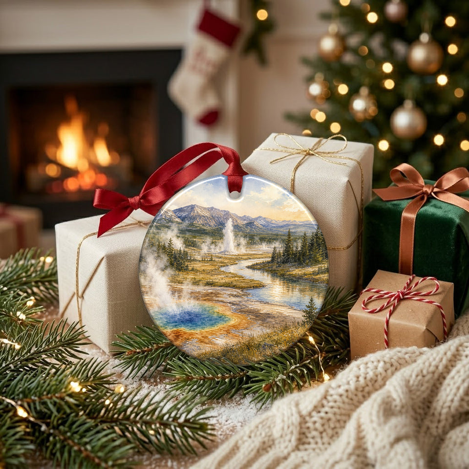 Festive keepsake displayed next to wrapped holiday gifts beside a warm, glowing fireplace.