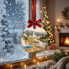Geothermal park artwork ornament hanging before a sunlit winter window overlooking snow.