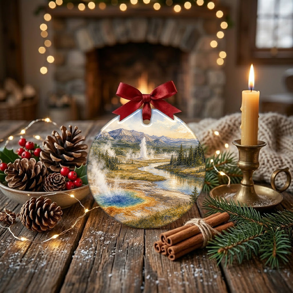 Round ceramic keepsake styled on a rustic table surrounded by natural pinecone accents.