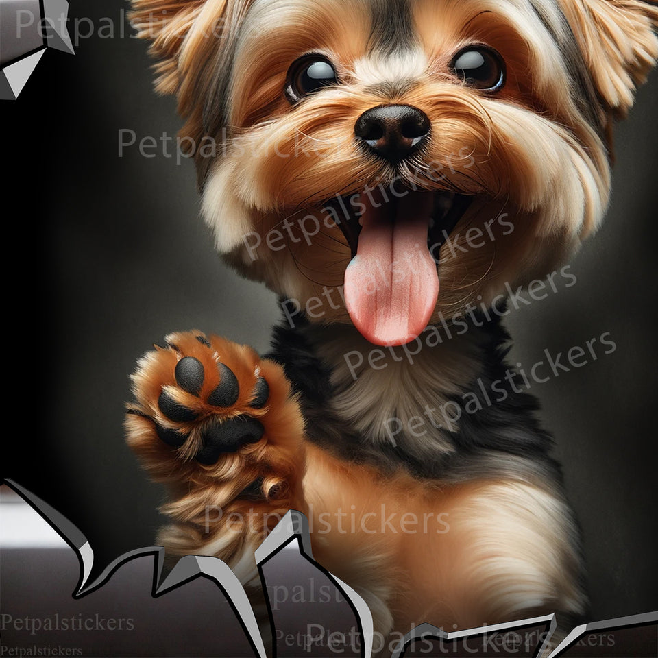 Glossy Yorkshire Terrier art sticker applied neatly on a clean car door surface.