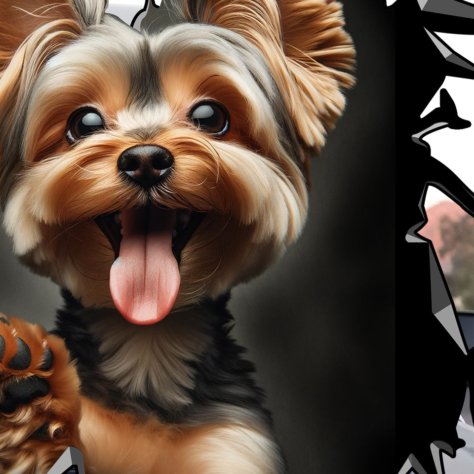 Waterproof Yorkie dog graphic decal featured on the side window of a truck.