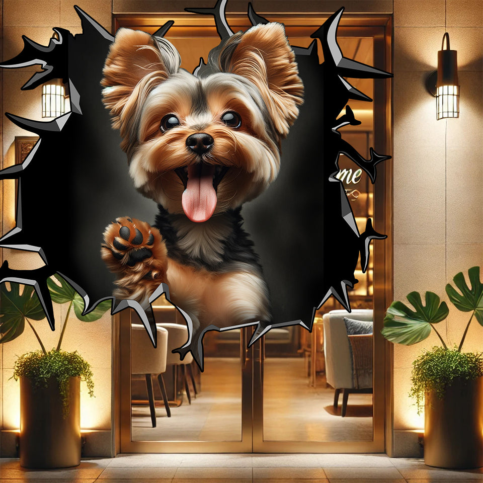 Adorable Yorkie vinyl sticker positioned flat against an interior room door.