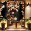 Adorable Yorkie vinyl sticker positioned flat against an interior room door.