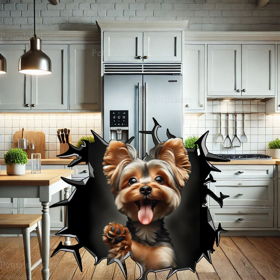 Eye-catching Yorkie decal placed seamlessly on the front of a kitchen refrigerator.