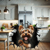 Eye-catching Yorkie decal placed seamlessly on the front of a kitchen refrigerator.