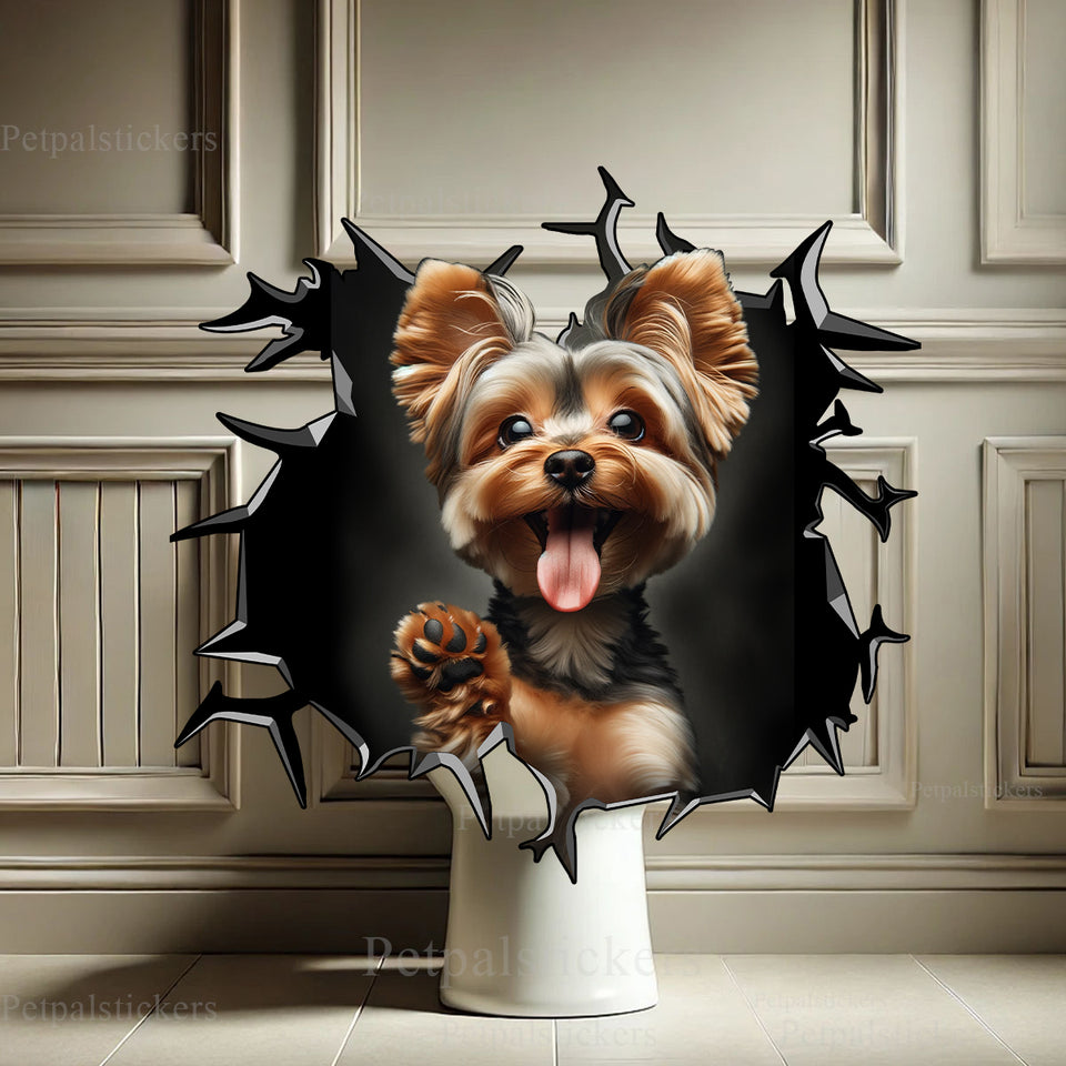 Funny Yorkie sticker applied as a whimsical accent on a bathroom toilet lid.