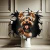 Funny Yorkie sticker applied as a whimsical accent on a bathroom toilet lid.