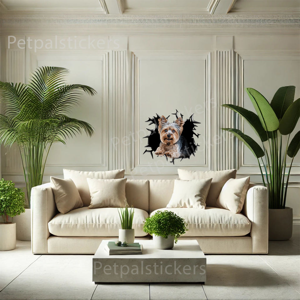 Charming Yorkie decal decorating an indoor painted bedroom wall with vivid clear printing.
