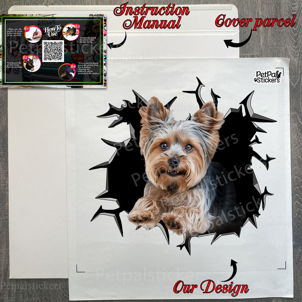 Unboxed Yorkie decal shown with its retail shipping package and instructions.