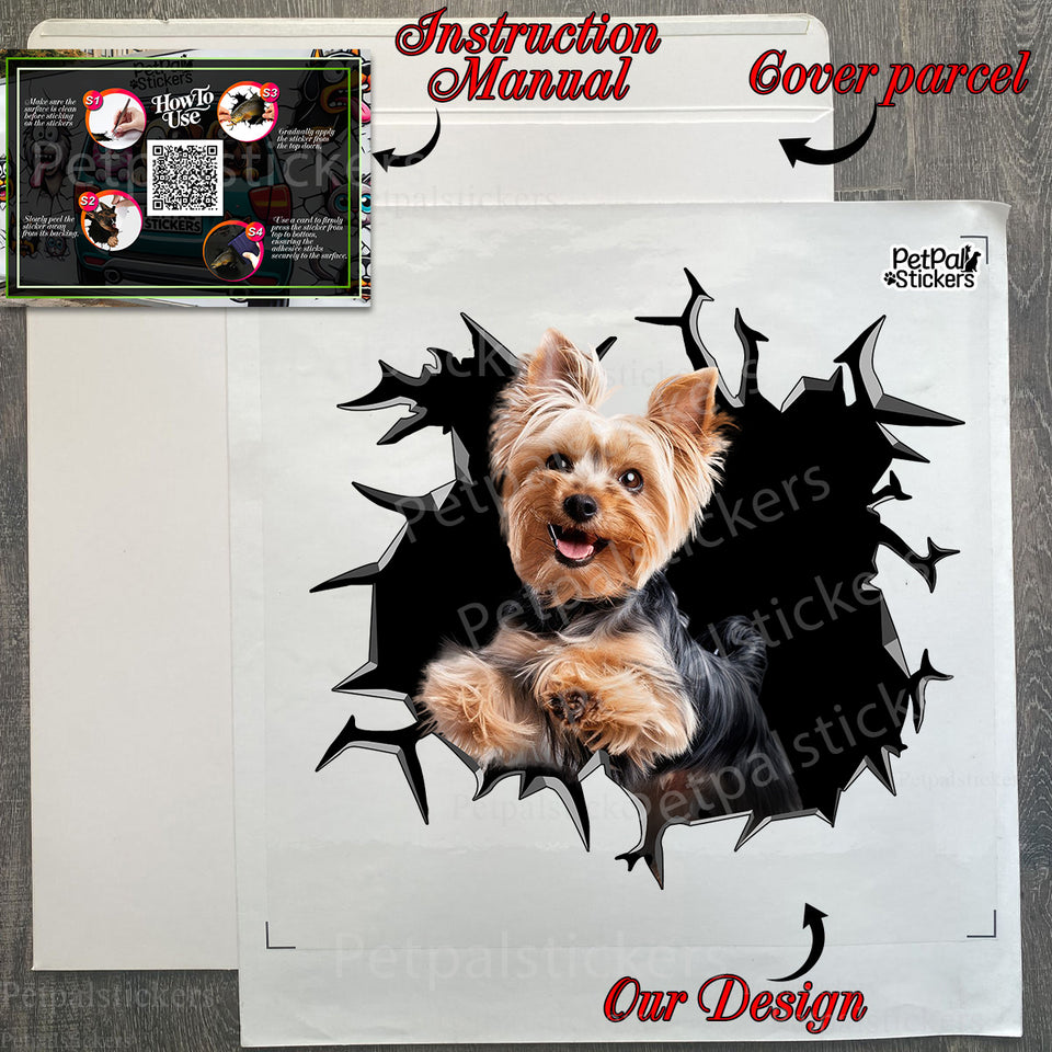 Secure vinyl sticker package featuring the Yorkie decal and application instructions.