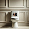 Humorous Yorkie dog sticker placed decoratively on a smooth white toilet lid.