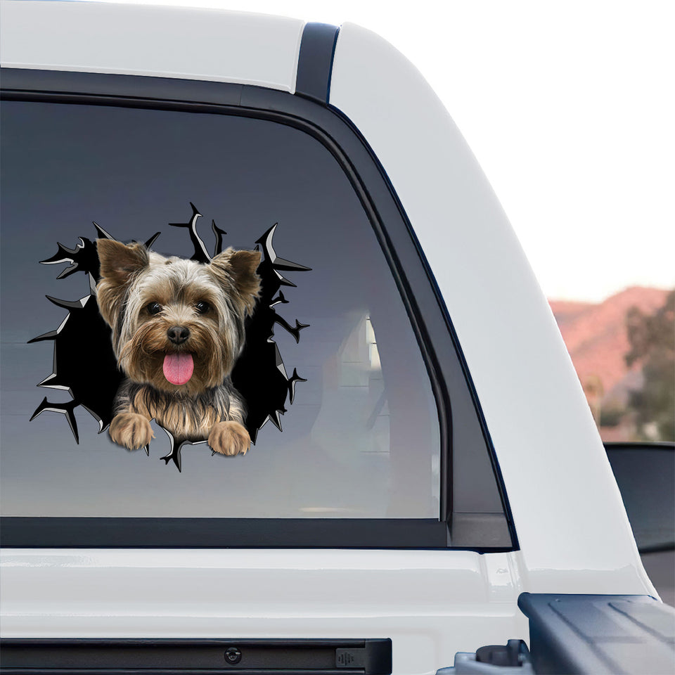 Vibrant Yorkie Dog sticker displayed on the rear window of a truck outdoors.