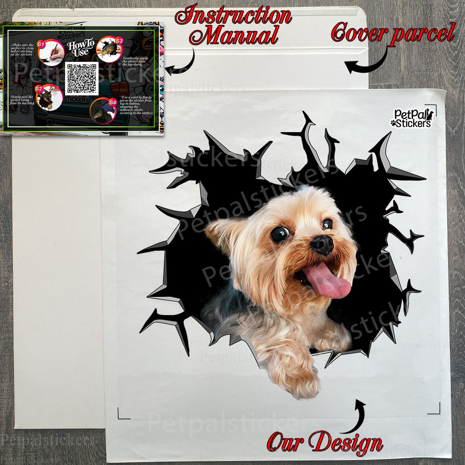 Securely packed Yorkie  For vinyl sticker shown inside its protective retail package.