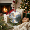 Round national park ornament placed near wrapped holiday gifts beside a cozy fireplace.