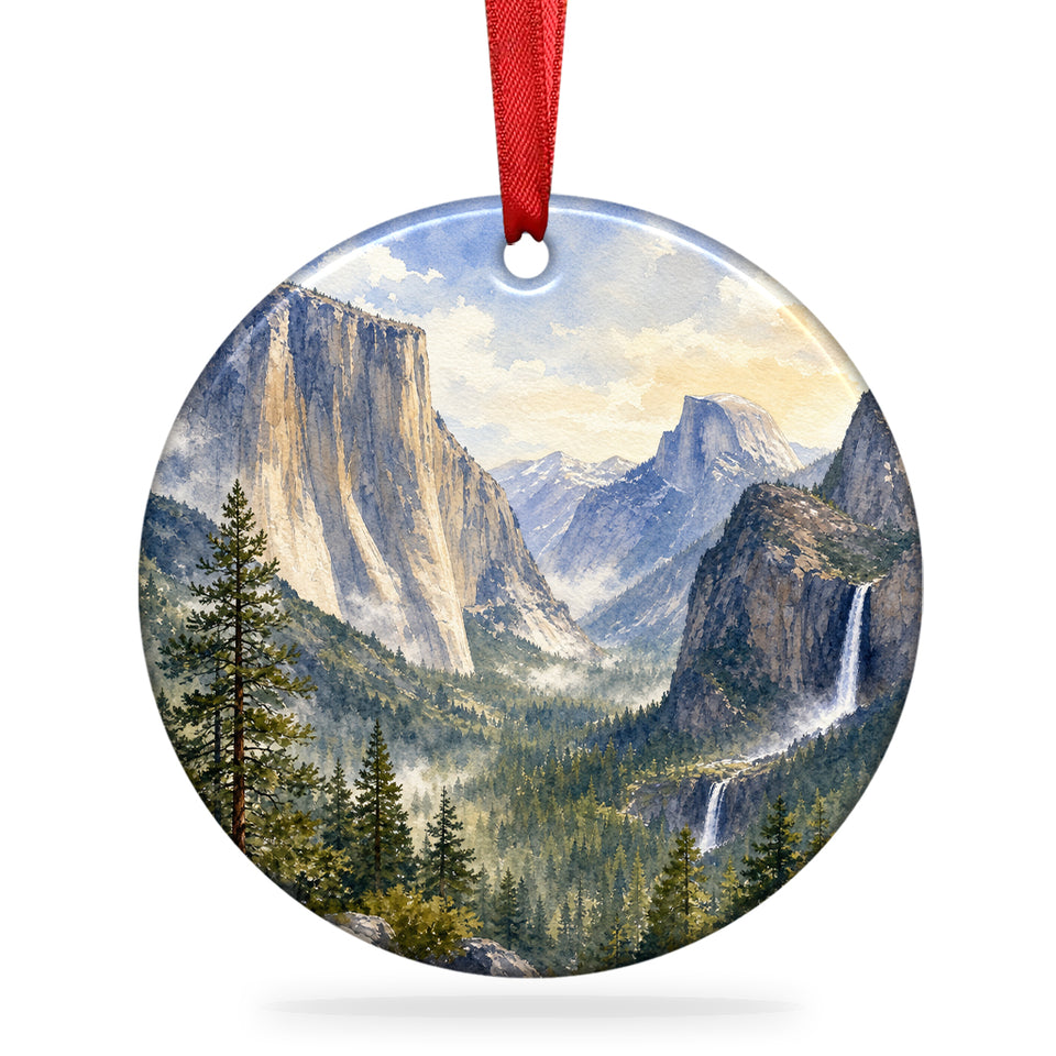 Yosemite Valley ceramic souvenir ornament shown on a clean white background with hanging ribbon.