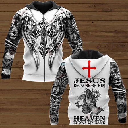 JESUS BECAUSE OF HIM HEAVEN KNOW MY NAME ALL OVER PRINTED SHIRTS 221220