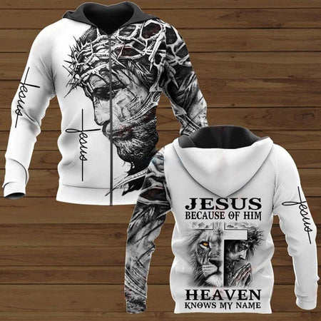 JESUS BECAUSE OF HIM HEAVEN KNOW MY NAME ALL OVER PRINTED SHIRTS 221220