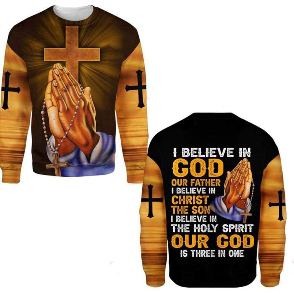 I BELIEVE IN GOD OUR FATHER I BELIEVE IN CHRIST THE SON I BELIEVE IN THE HOLY SPIRIT OUT GOD IS THREE IN ONE ALL OVER PRINTED SHIRTS 080808