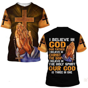 I BELIEVE IN GOD OUR FATHER I BELIEVE IN CHRIST THE SON I BELIEVE IN THE HOLY SPIRIT OUT GOD IS THREE IN ONE ALL OVER PRINTED SHIRTS 080808