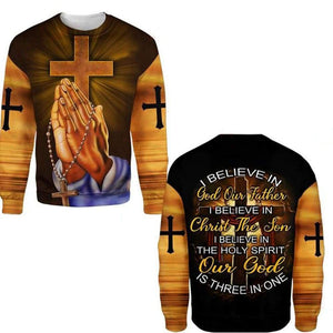 I BELIEVE IN GOD OUR FATHER I BELIEVE IN CHRIST THE SON I BELIEVE IN THE HOLY SPIRIT OUT GOD IS THREE IN ONE ALL OVER PRINTED SHIRTS 080121