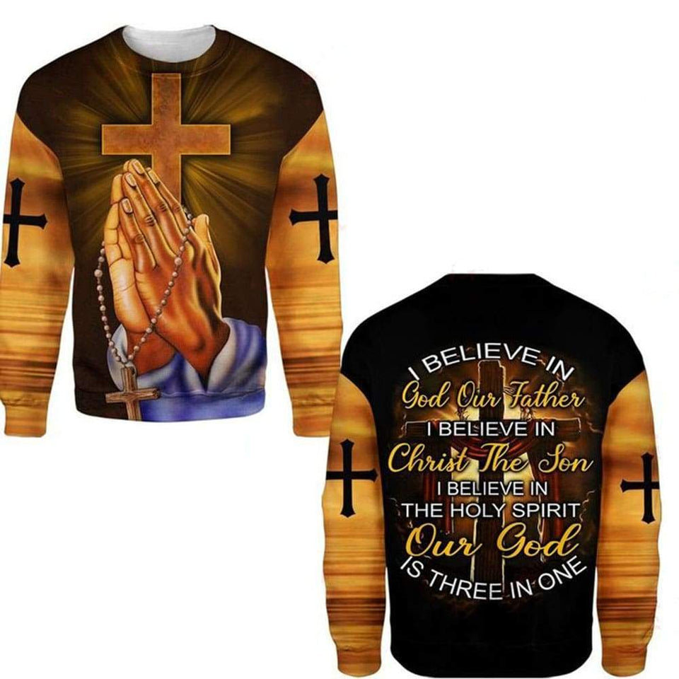 I BELIEVE IN GOD OUR FATHER I BELIEVE IN CHRIST THE SON I BELIEVE IN THE HOLY SPIRIT OUT GOD IS THREE IN ONE ALL OVER PRINTED SHIRTS 080121