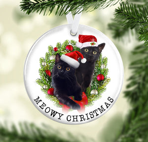 Black Cat Meowy Christmas Ceramic Ornament, Christmas Ornament, Christmas Gift, Circle Ornament