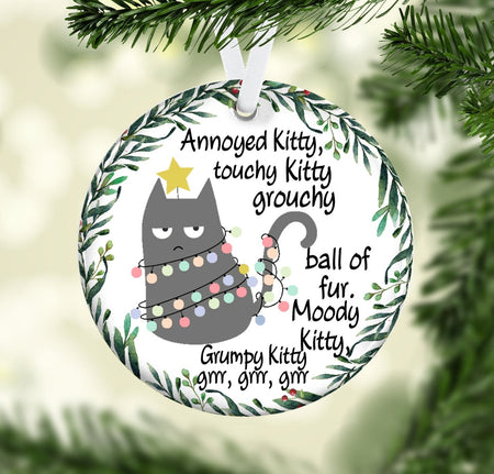 Annoyed Kitty Ceramic Ornament, Christmas Ornament, Christmas Gift, Circle Ornament